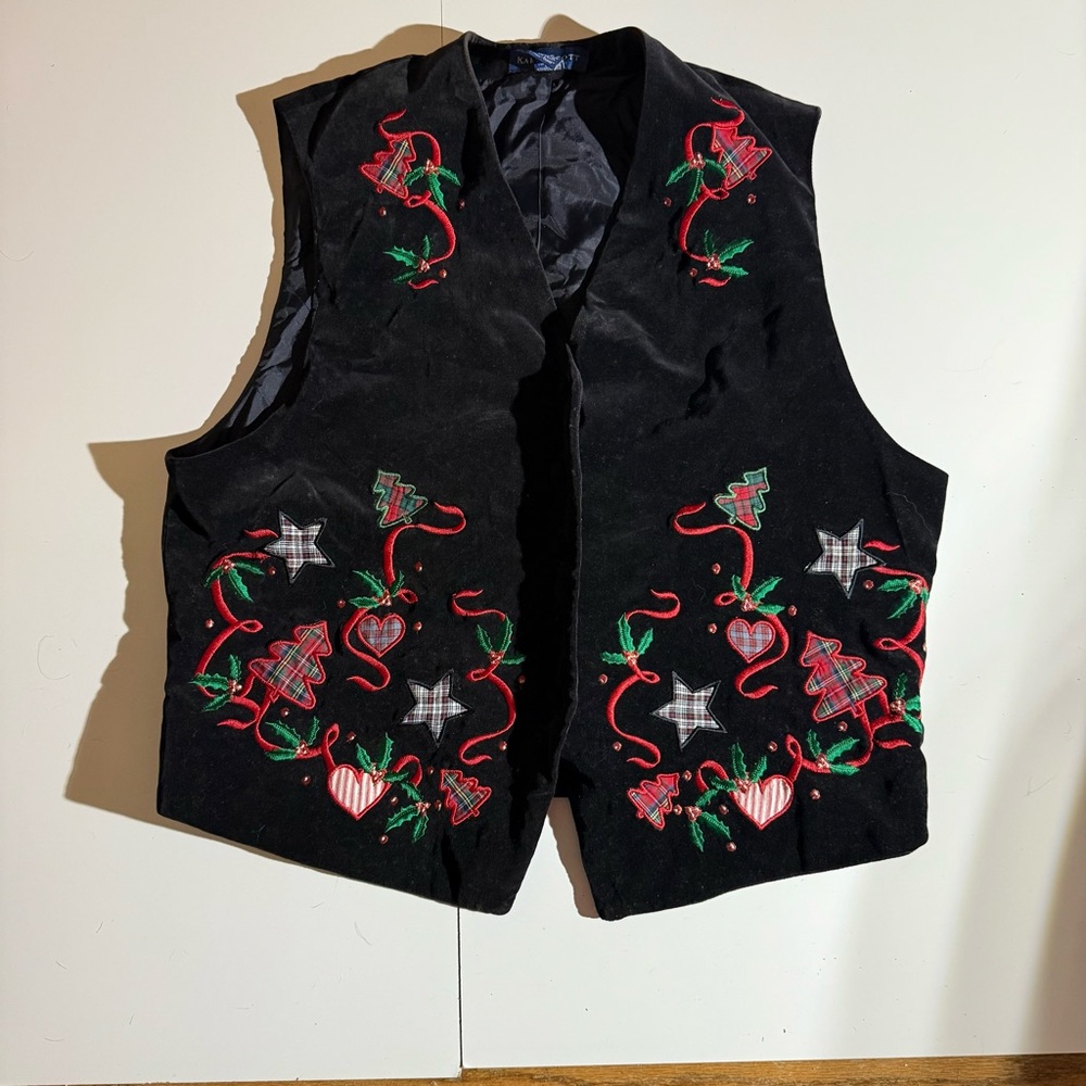 Vtg 90s Velvet Karen Scott Christmas‎ Vest Large Black Embroidered Ugly Sweater